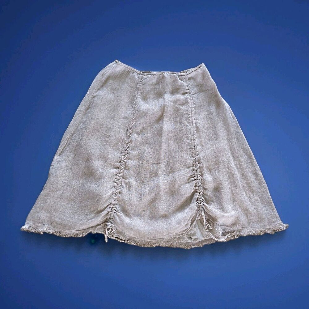 Jessamine Womens Med Beige Ruched 100% Linen Skirt Raw Fringe Hem Boho Hippie